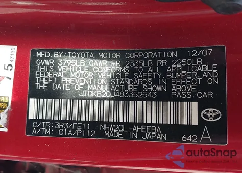 2008 Toyota Prius from USA, damaged, VIN JTDKB20U483352543